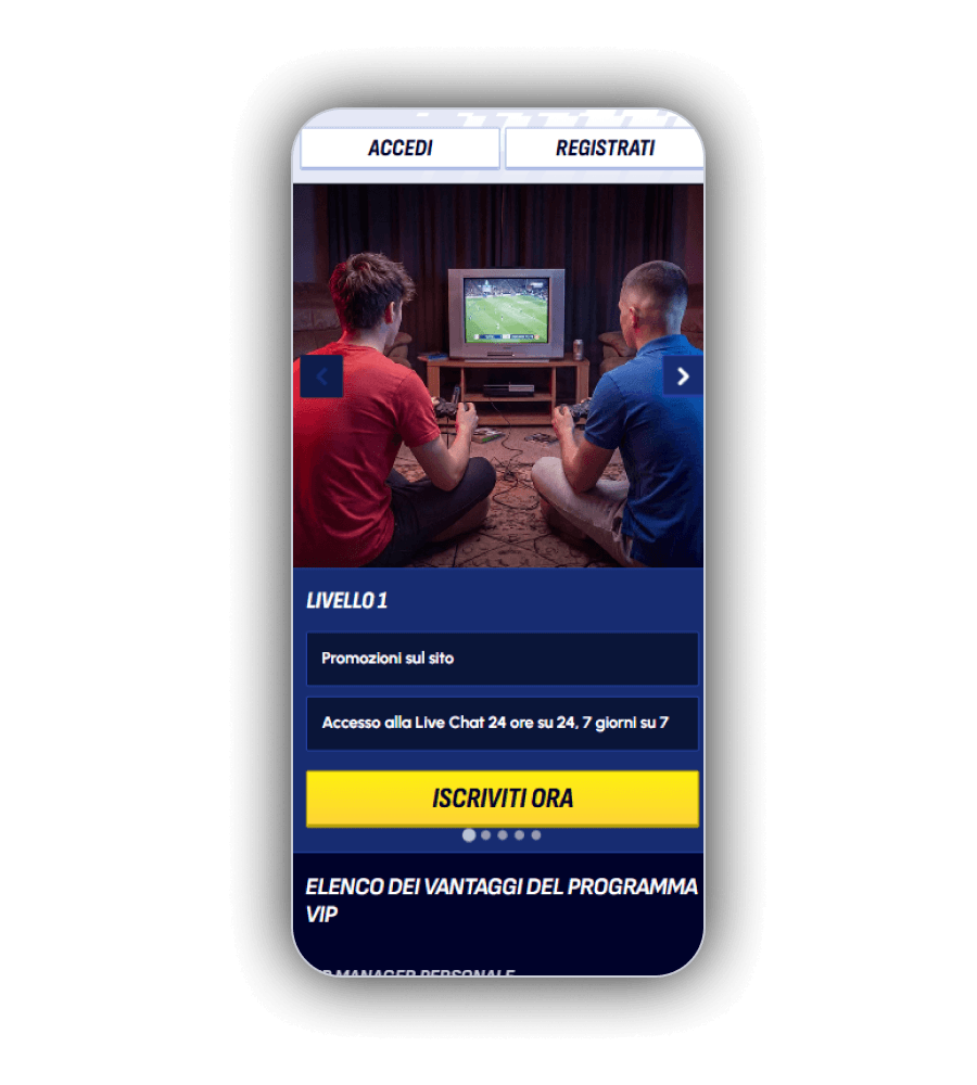 Screenshot del BetScore Casinò VIP Club con la sua struttura a cinque livelli