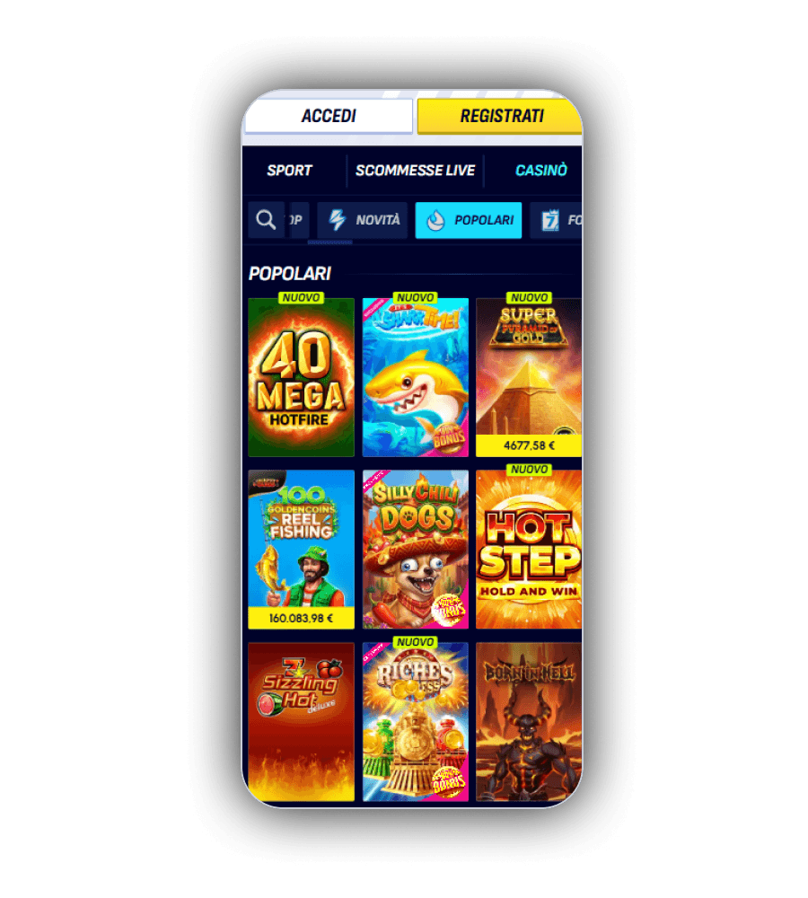 Vetrina delle slot BetScore, screenshot della lobby giochi